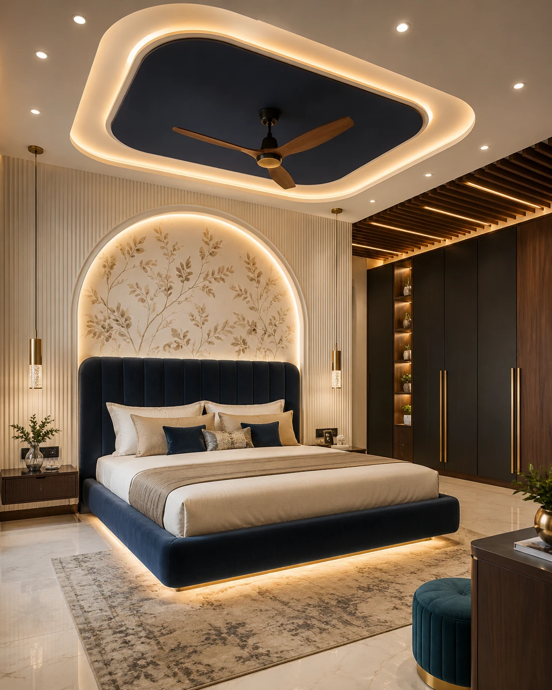Navy and Beige Arched Wall Bedroom