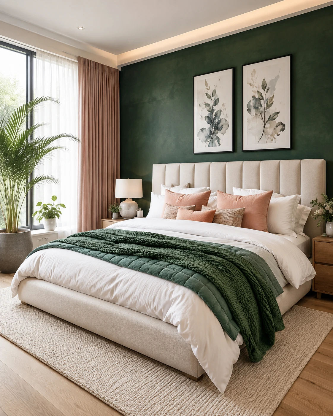 Forest Green and Peach Botanical Bedroom