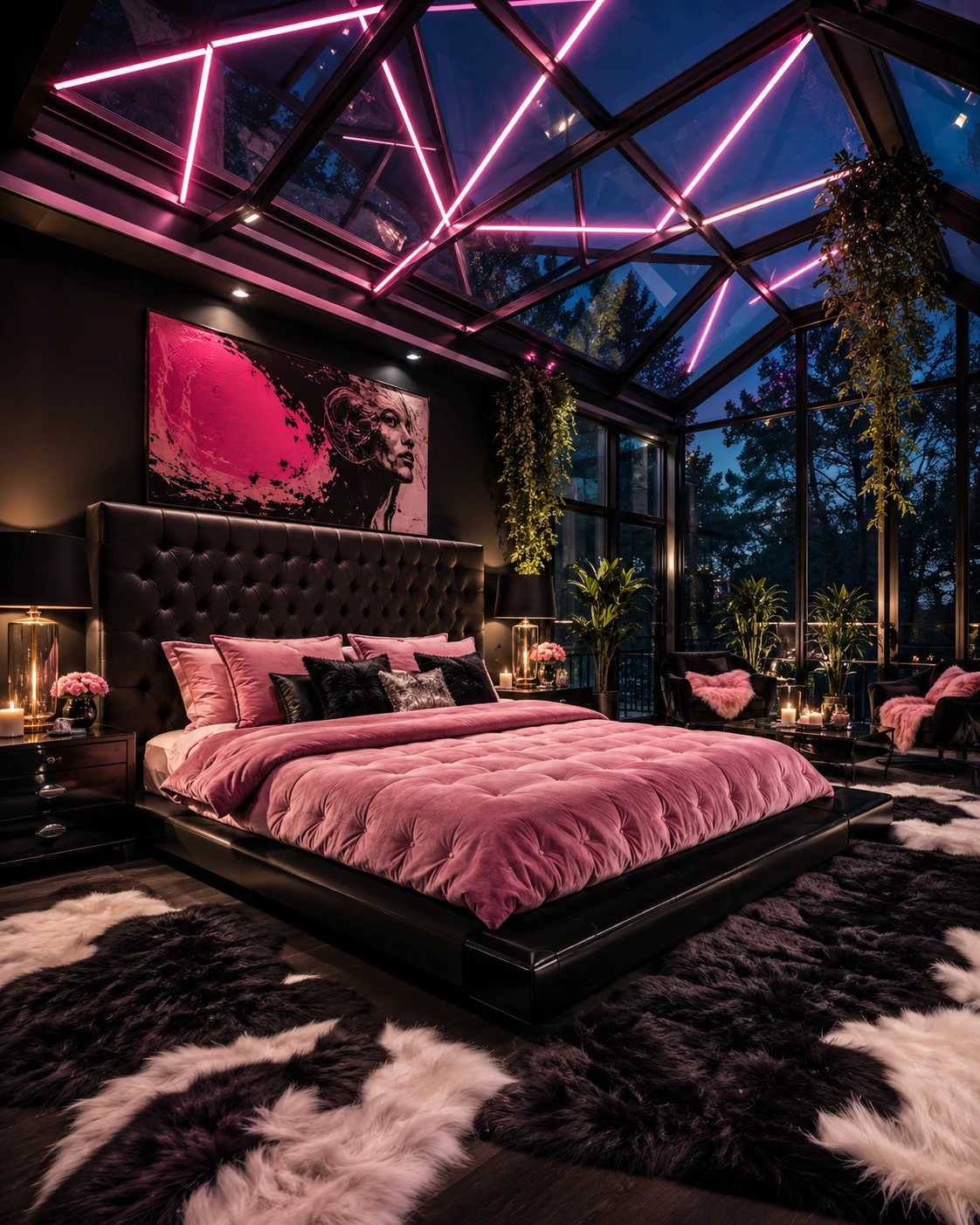 Neon Pink and Black Glass Ceiling Bedroom