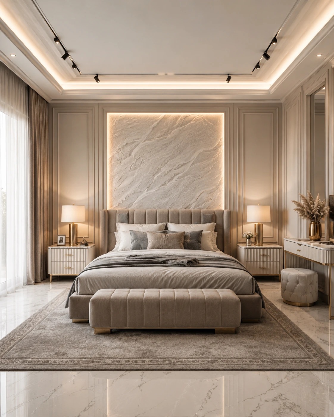 Taupe and Marble Textured Bedroom