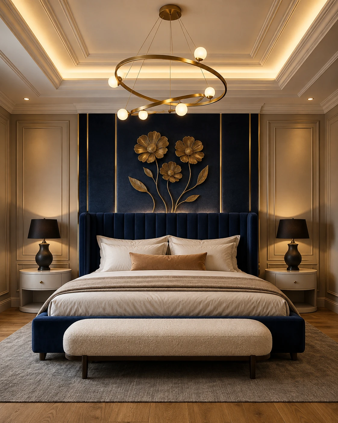 Navy and Gold Floral Accent Bedroom