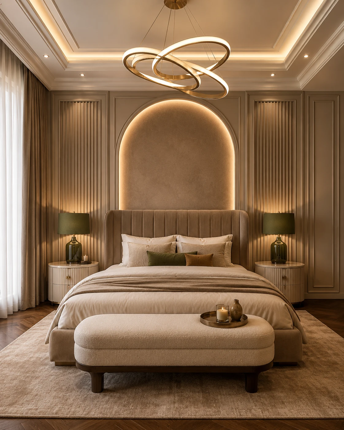 Warm Taupe and Olive Arched Bedroom